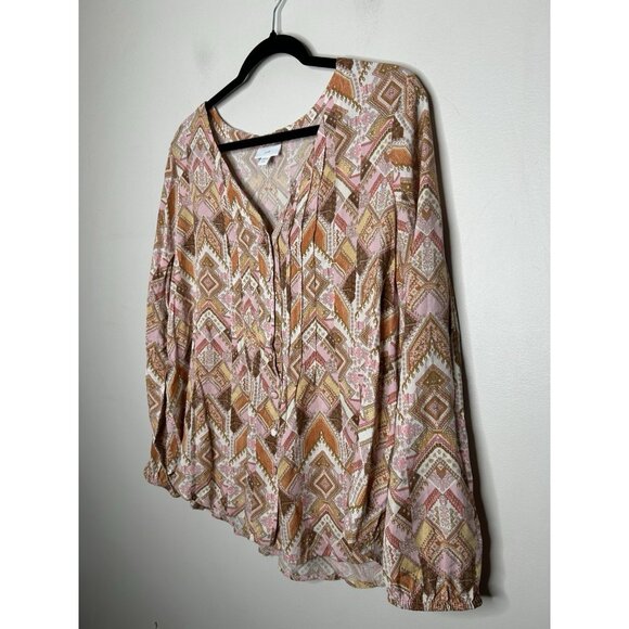 J. Jill Brown Pink Geometric Long Sleeve Blouse Top Size PL Petite Large - Picture 2 of 9